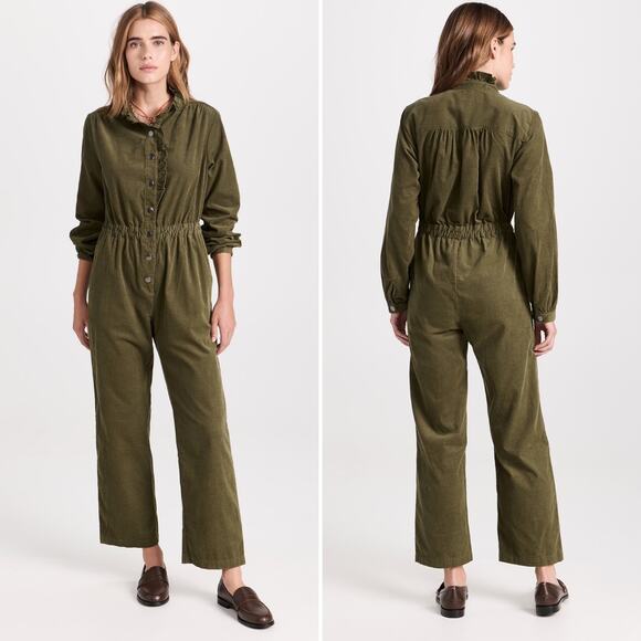 Xirena Harlee Jumpsuit Size Large Green Olive Corduroy Ruffle High Neck Chic - Picture 1 of 16